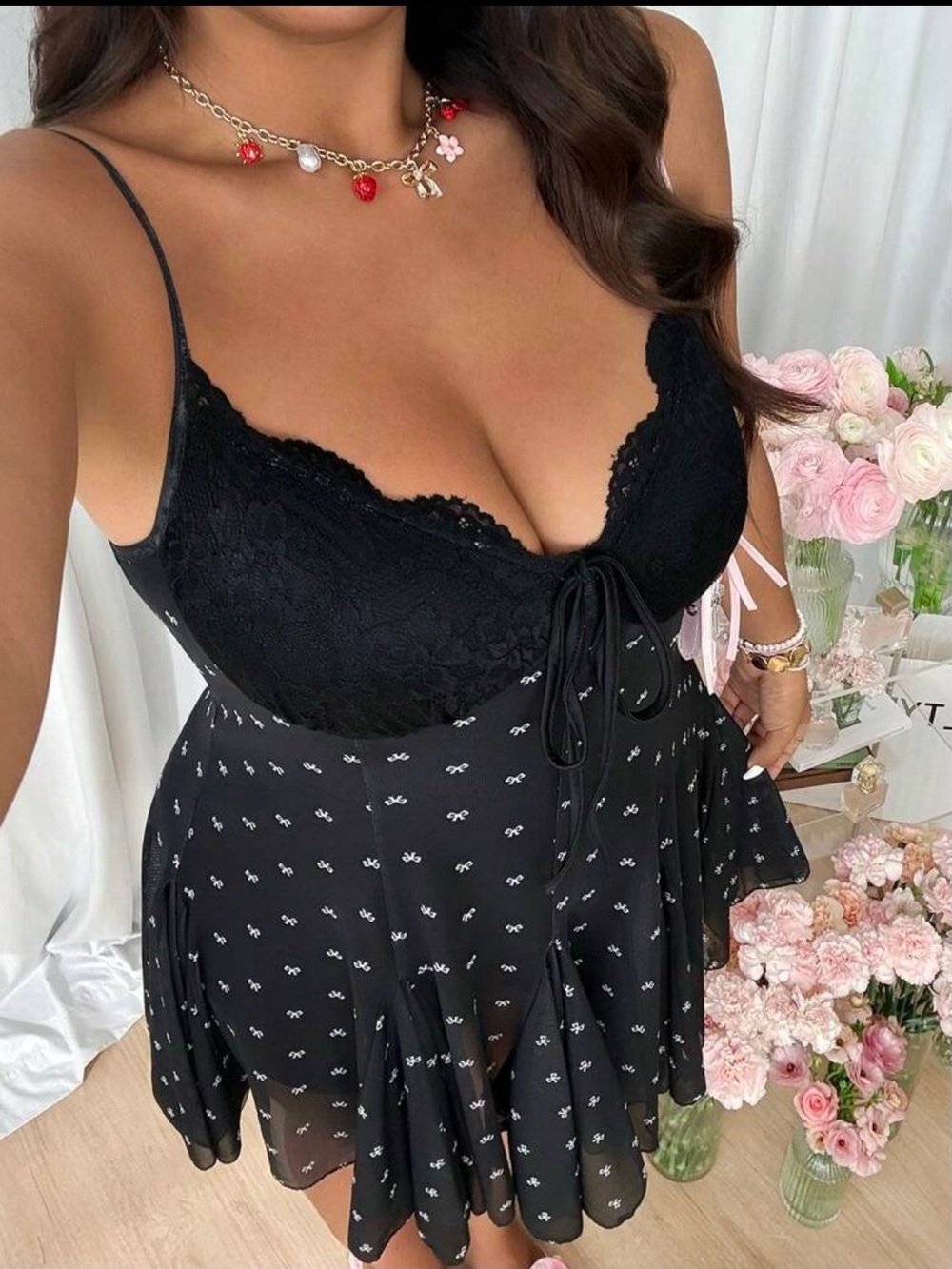 SHEIN Black Lace-Trim Floral Mini Slip Dress with Bow Tie
